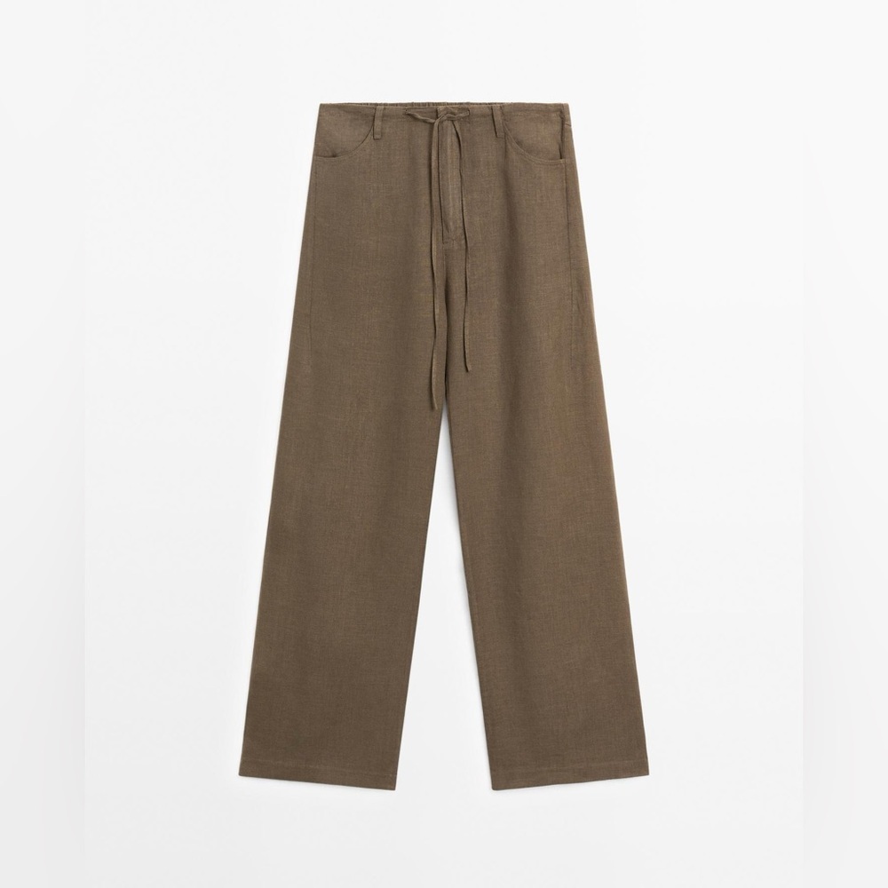 Nwt. Massimo Dutti Khaki 100% Linen Mid-Rise Trousers With Pockets. Size 2. — image 7 of 8